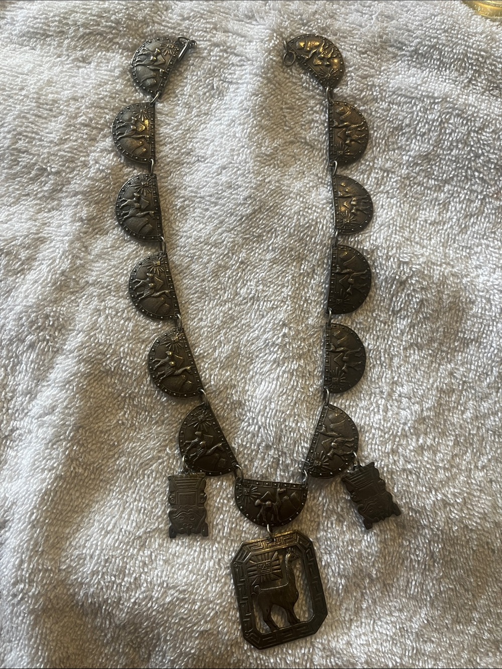 925 Sterling Silver Vintage Necklace PERU Llama & Sun Motif Panel Link